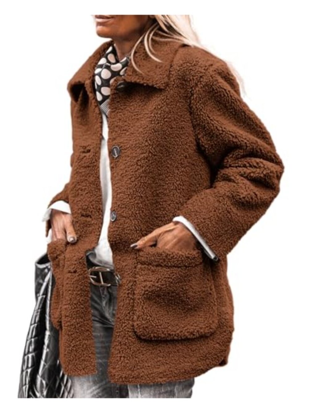 Faux Fur Sherpa Coat Button Down Lapel Winter Outerwear